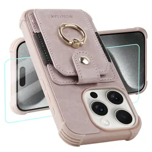 MONASAY Wallet Case Compatible for iPhone 16 Pro Max 16 Plus 16 Pro 16 16e with 360° Rotation Ring Stand[Glass Screen Protector][RFID Blocking] Leather Phone Cover with Card Holder phone cases