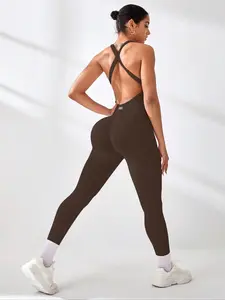Women's Sporty Jumpsuit, Plain Ruched Design, Slim-Fitting Cross Strap, No Bra Padding, Ideal for Yoga and Fitness, All Seasons