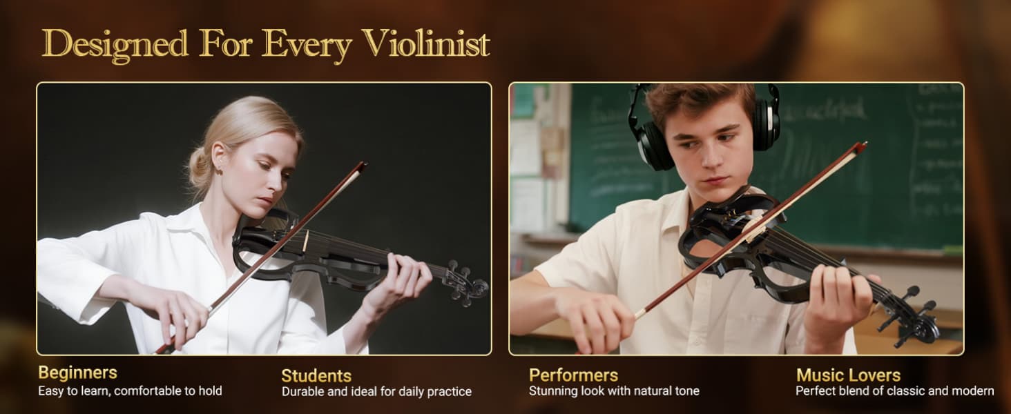 Electric Violin for Beginners - Solid Maple & Spruce, Ebony Fittings, Carbon Fiber Tailpiece, Full Size 4/4 (Black)