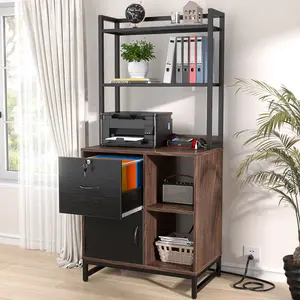 Homieasy Vertical Filing Cabinet with Lock & Charging Station, File Cabinet with Bookshelf Printer Stand, Walnut