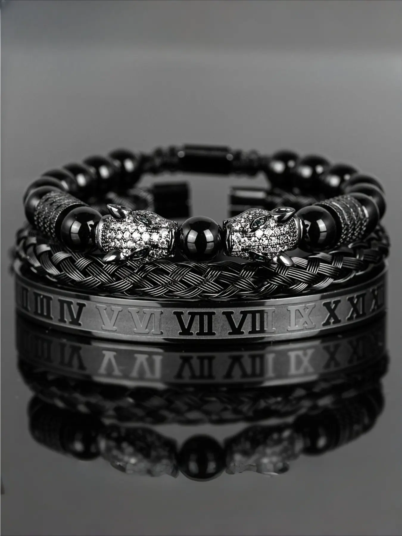 [Men's Beaded Bracelet Set] Shiny Black Beaded Stainless Steel Wrist Bracelet Set Fashion Matching Bracelet | Double Leopard Head with Roman Numerals | Men's Retro European Style Bangles Bracelets Stack Set