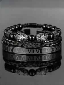 [Men's Beaded Bracelet Set] Shiny Black Beaded Stainless Steel Wrist Bracelet Set | Double Leopard Head with Roman Numerals | Men's Retro European Style Bangles Bracelets Set