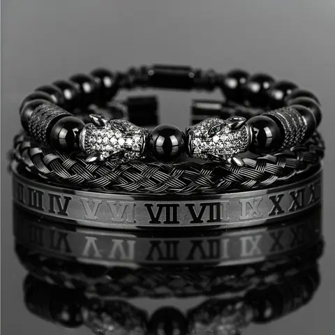 [Men's Beaded Bracelet Set] Shiny Black Beaded Stainless Steel Wrist Bracelet Set Fashion Matching Bracelet Jewelry Men | Double Leopard Head with Roman Numerals | Men's Retro European Style Bangles Bracelets Stack Set