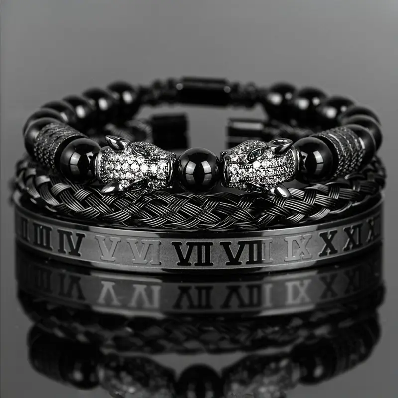 [Men's Beaded Bracelet Set] Shiny Black Beaded Stainless Steel Wrist Bracelet Set Fashion Matching Bracelet Jewelry Men | Double Leopard Head with Roman Numerals | Men's Retro European Style Bangles Bracelets Stack Set