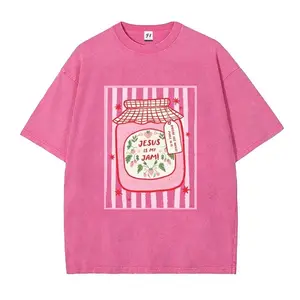 Unisex Graphic Tee Jesus Is My Jam Funny Christian Strawberry Jam Jar Print Vintage Acid Washed Pink Design Oversized T Shirt Streetwear Style Crewneck Short Sleeve Soft Cotton Breathable Loose Fit Daily Wear Religious Humor Gift Trendy Aesthetic Top