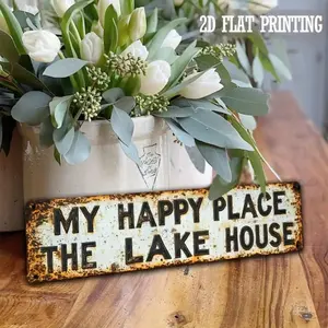 Retro My Happy Place the Lake House Aluminum Sign 4x16 Inch Rustic Design Wall Decor for Home Cafe Beach