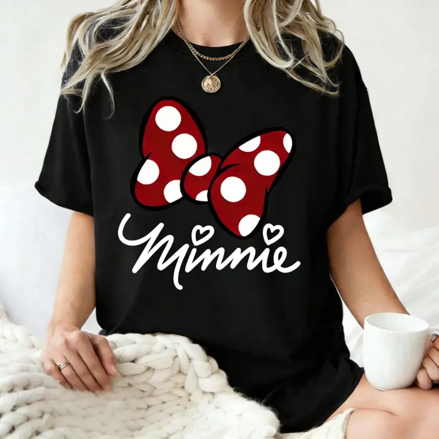 Minnie Red Polka Dot Bow Script Graphic Womens Tee Theme Park Trip Dating Outing Summer Cotton Short Sleeve Cute Cartoon Heat Transfer Tshirt