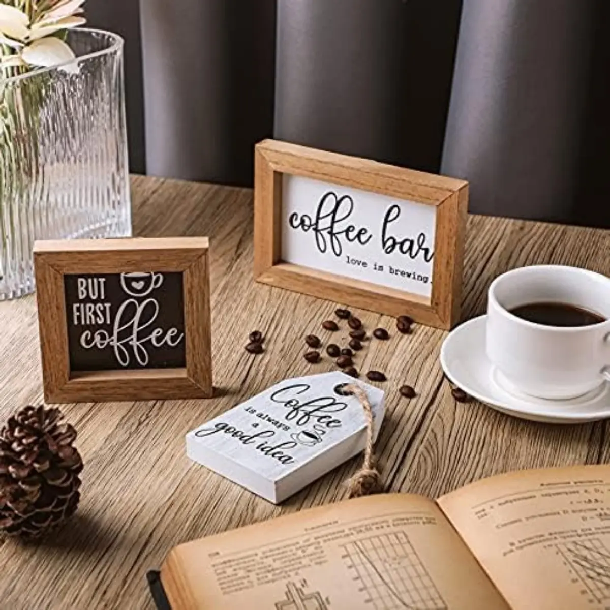 Rustic Farmhouse 3-Piece Rectangular Decorative Retro Coffee Bar Hanging Wooden Sign Set - "But First Coffee" Plaque for Tier Tray, Home Office Kitchen Wall Shelf Accessories, Rectangle
