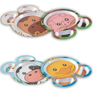 Bentology Farm Friends Mealtime Feeding Plates - Set of 4 Unique Cute Zoo Animal Pal Dishes for Kids - Compartments for Easy Grabbing, Dishwasher Safe
