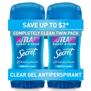 Secret Outlast Antiperspirant Deodorant for Women, 72hr Sweat & Odor Protection, PH Balancing Minerals, Clear Gel, Completely Clean Scent, 2.6 oz (Pack of 2)