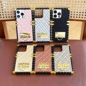 Electroplated Square Aesthetic Protective Case Diamond Pattern Finger Ring Holder Stand, Compatible with Apple iPhone 17pro Max/17 Pro/17 Air/16pro Max/16 Pro