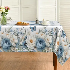 1PC Spring and Summer Blue and White Floral Butterfly Tablecloth, Fresh Farmhouse Style Home Dining Table Decor Fabric Printed Polyester Rectangular Tablecloth, Seasonal Rectangular Table Cover, Suitable for Holiday Parties, Picnic Table Cover