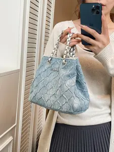 Women's Blue Denim Bucket Bag, Fashionable Chain Strap Shoulder Crossbody Bag, Casual All-Purpose Design, New Arrival, Denim Crossbody Bags