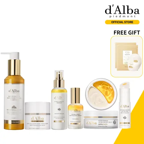 [OFFICIAL d'Alba] Full Skincare Routine Set |Return Oil Cream Cleanser,White Truffle First Spray Serum,Vita Collagen Pore Tightening Deep Cleansing Balm,Double Layer Revitalizing Serum,Double Serum & Cream,Vita Capsule Anti-Aging Hydrogel Mask 2 pcs