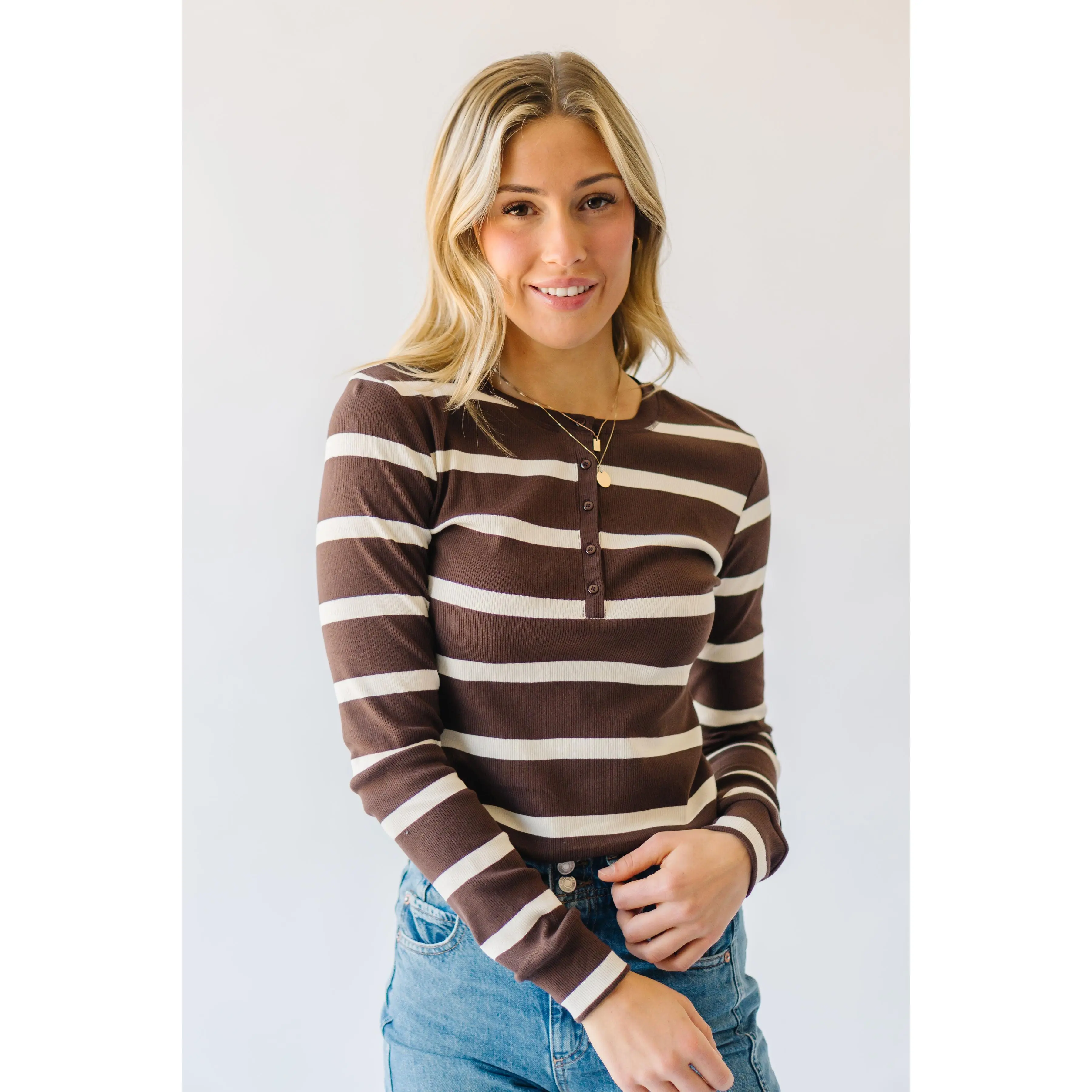 The Spano Striped Henley Tee in Chocolate + Cream