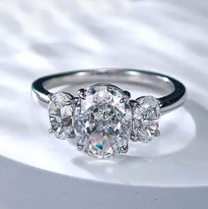 18K 925 Sterling Silver 3CT Full Moissanite 3-Stone Oval Cut Design Ring (5-10)