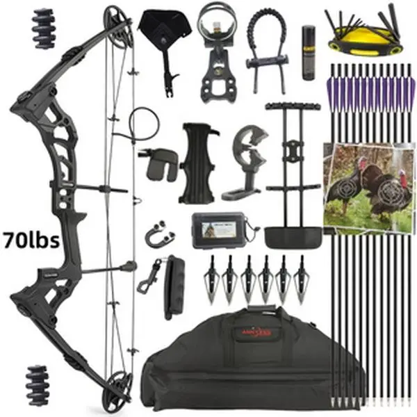 0 - 70 lbs adjustable black composite bow. Specialized composite bow for outdoor hunting and archery competitions. Composite bow set. High-quality lightweight composite bow.
