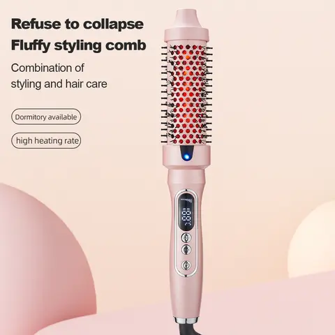 Upgraded version Thermal Brush, Blowout Boost 1.5 inch Heated Round Brush for Blowout Look, Dual Voltage, Pink, Black, Tourmaline Ceramic, Negative Ion Technology, 5 Temperature Settings, Less Damage，Easy to Use Anti-Frizz Ionic
