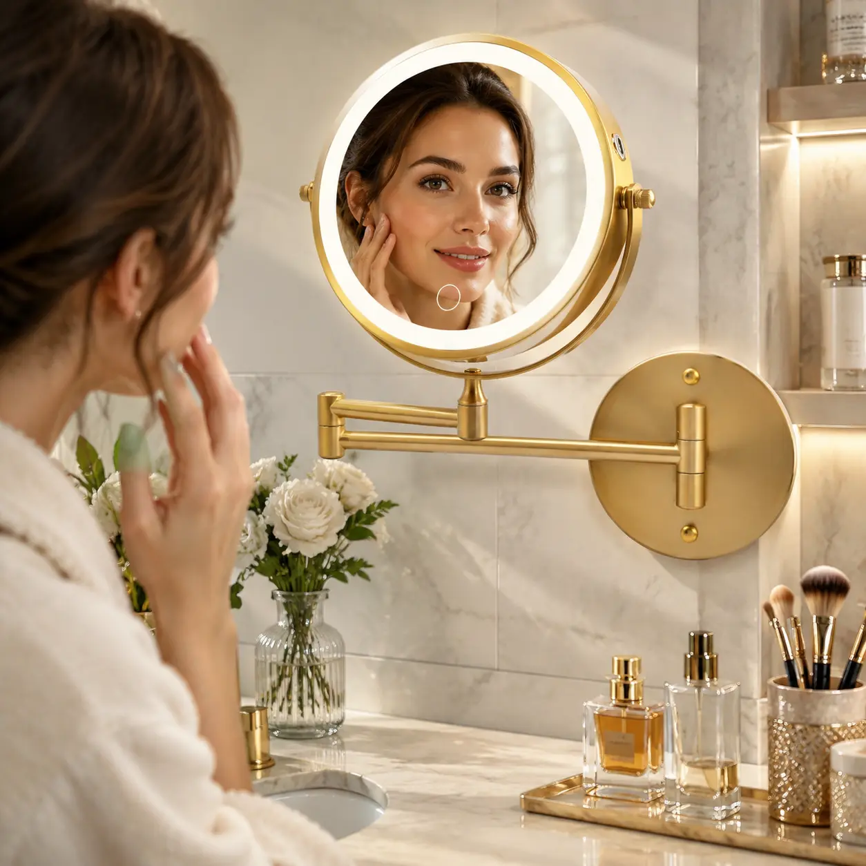 Littleox 8" Rechargeable Wall Mounted Makeup Mirror with LED Lights, Double-Sided 1X/10X Magnifying Mirror, 360° Rotation Foldable Extend Arm, Wall Mount Bathroom Shaving Vanity Mirror