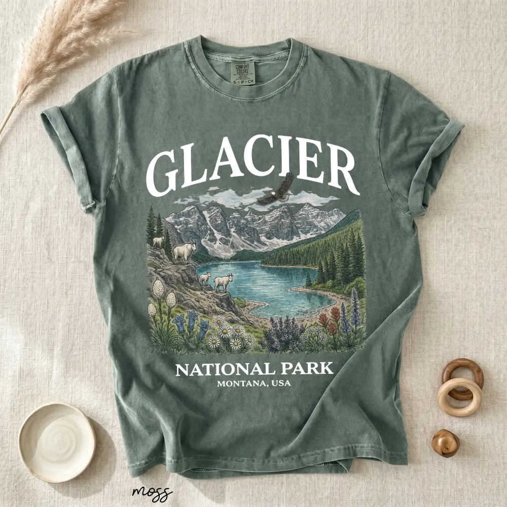 Comfort Colors Women's Vintage Glacier National Park Casual Tee - Montana Mountain Lake Illustration Graphic, Breathable Comfy Cotton Day Top, Travel Nature Gift