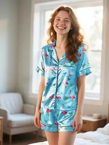 Elegant Women's Pajama Set, Flamingo Print, Short Sleeve Sleepwear, Cozy Lounge Wear, Perfect for Couples, Valentine's Day Gift