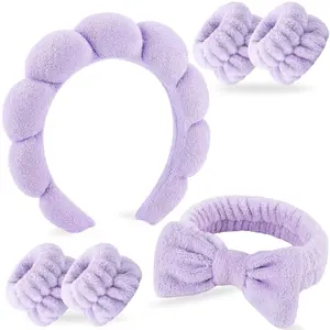 6Pcs Spa Headband for Washing Face Wristbands Set Women Bubble Makeup Sponge Terry Cloth Padded Puffy Skincare Headband Bow Tie Hairband Cute Non Slip Thick Hair Accessory Gifts