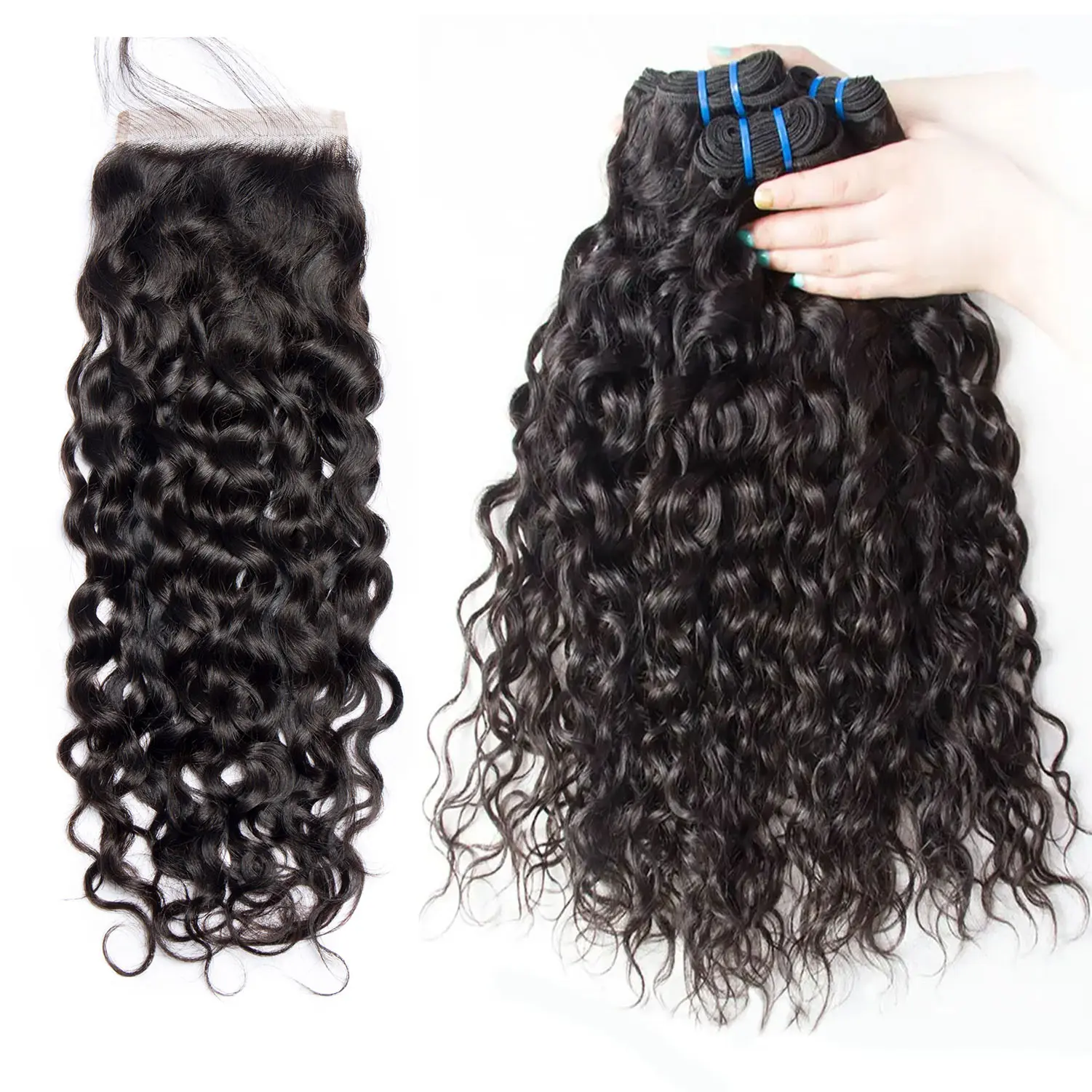 Megeen 12A Grade Human Hair Water Wave Bundles With 5x5 Transparent Lace Closure, Natural Color, 5x5 Seamless Fit Bundle Deals, Hair Bundles