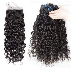 Megeen Hair Water Wave Hair Bundles With Closure Transparent Lace 5x5 Water Wave Human Hair With Lace Closure 12A Grade Bundle Deals Natural Color