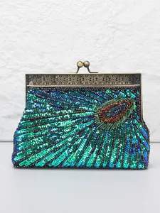 Elegant Vintage Sequin Clutch Bag, Classic Peacock Feather Design, Beaded Evening Handbag with Shoulder Chain, Perfect for Parties & Weddings, Elegant Stylish Purse