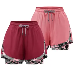 Women’s double-layer athletic shorts two-piece set: anti-exposure inner lining + camouflage patchwork design; suitable for gym/running outfits