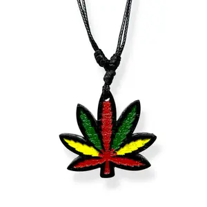 Rasta Colors Marijuana Leaf Pendant Necklace – Hand-Painted Resin with Adjustable Cord