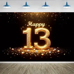 ASOONYUM Happy 13th Birthday Banner Sparkling Golden Lights on Black Background Vinyl Fabric Backdrop for Photo Booth & Party Decor Indoor Outdoor Use Glittering 13Th Decor Quality Printed Design Magical Nature Ornaments White