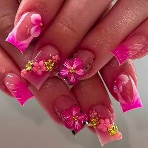 24pcs Square Press-On Decorative Nails, 3D Flowers, Wave Edge, Gold Beads, Y2K Glossy, Reusable, Includes Jelly Glue & File, Daily Wear & Elegant, Glossy Fake Nails