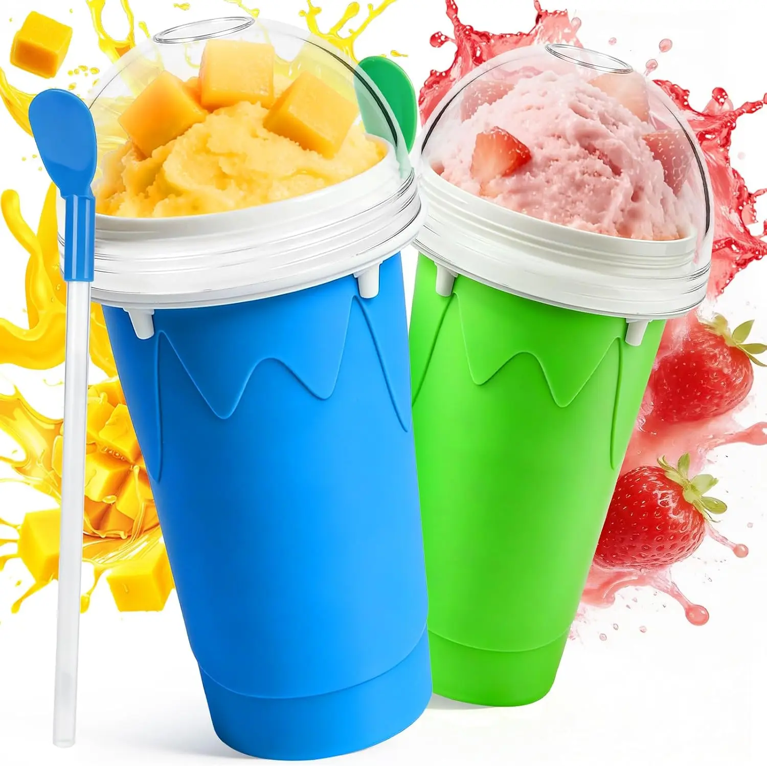 2PCS 500ML Slushie Cup, DIY Magic Slushy Maker Squeeze Cup | Quick Frozen, Cool Stuff Gifts for Kids Teens Family, Slushy Cup for Juice Milk Ice Cream, with Lids and Straws (Blue+Green)