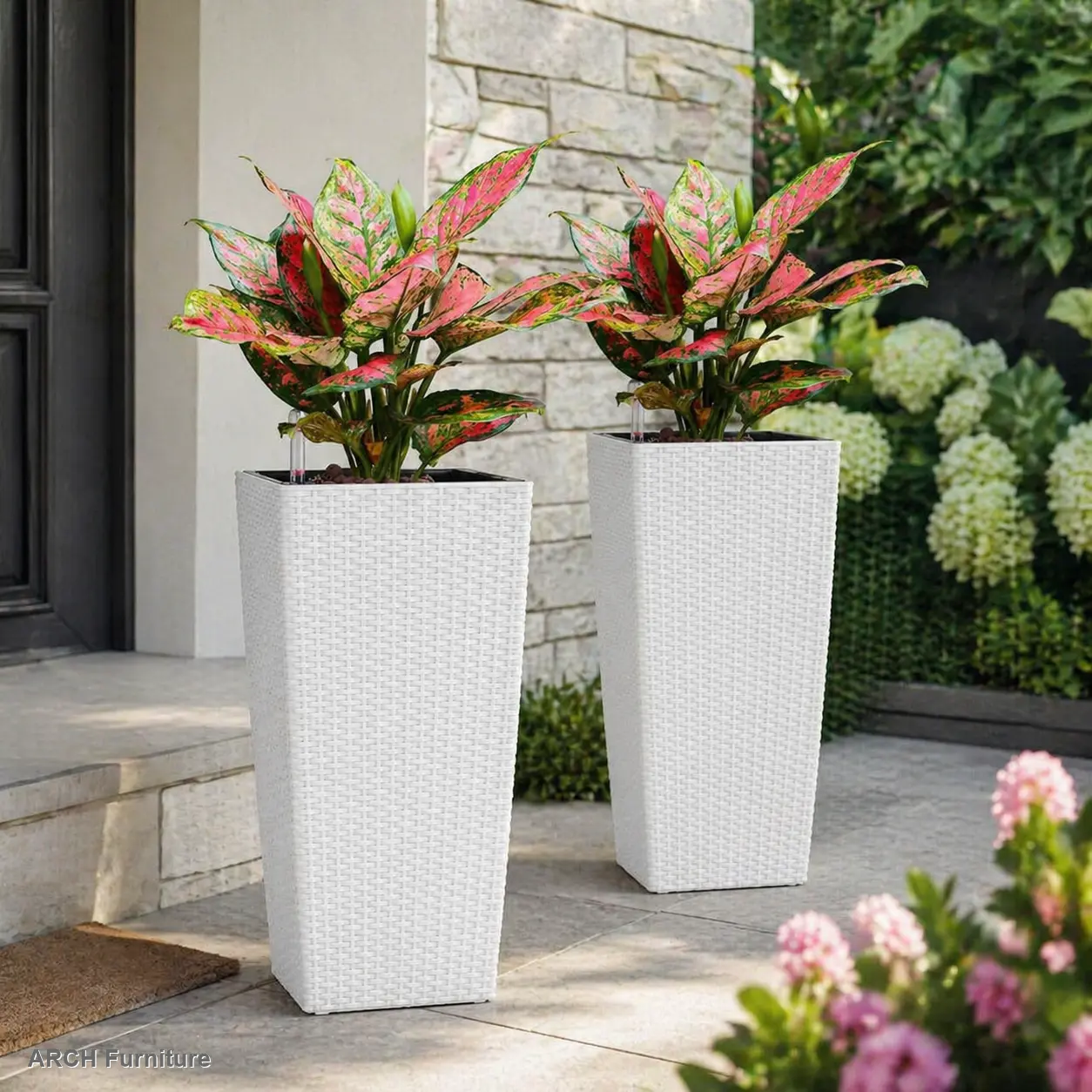 ARCH 2-Pack 22-Inch High Square Faux Rattan Planters with Automatic Watering System, White Outdoor Garden Decor for Porch, Front Porch & Easy Flower Care, Backyard Garden Pots, Porch Decor, Auto-Water, Rustic Look