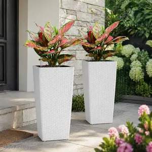 ARCH 2-Pack 22-Inch High Square Faux Rattan Planters with Automatic Watering System, White Outdoor Garden Decor for Porch, Front Porch & Easy Flower Care, Backyard Garden Pots, Porch Decor, Auto-Water, Rustic Look,summervibes