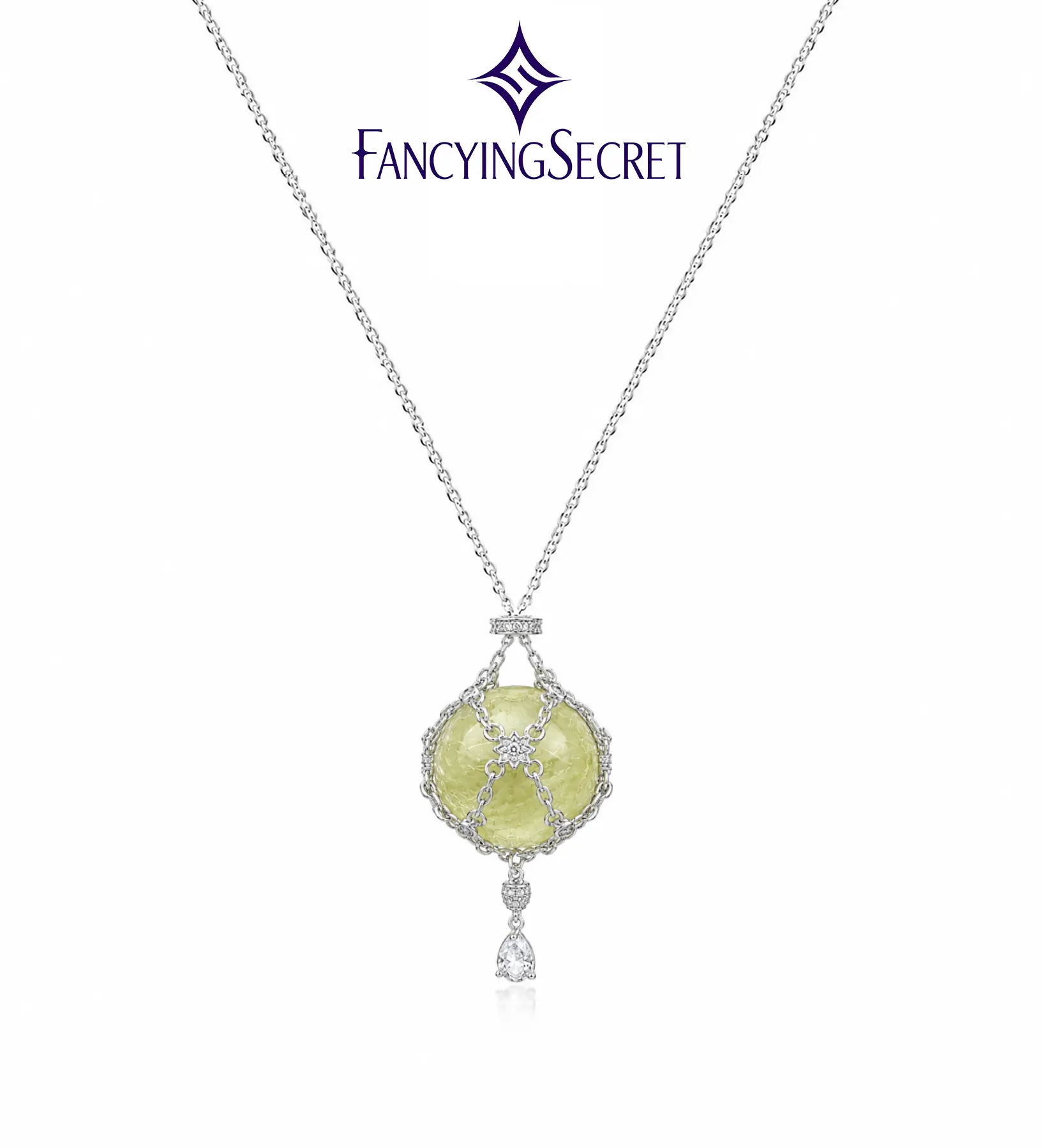 FancyingSecret Service-Women's Yellow Desert Glass Pouch Necklace - Replaceable Natural Glass Sphere Pendant Chain, Adorned with CZ Accents