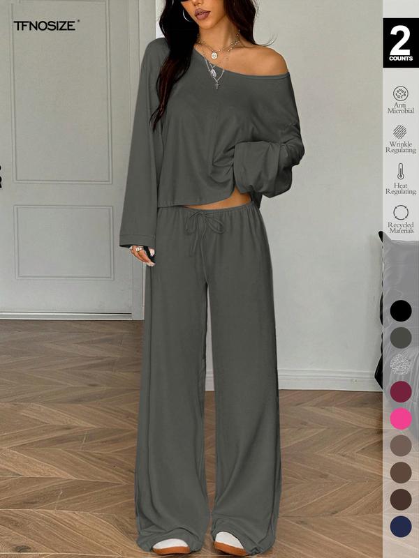 2 Piece Set Women Sleepwear Loungewear, Elegant Simple Solid Color Loose Long Sleeve Thermal Top And Pants pajamas Set, Pjs For Autumn/Winter,All Season Fashion 2 Piece Set Women Sleepwear Loungewear, Elegant Simple Solid Color Loose Long Sleeve Thermal Top And Pants pajamas Set, Pjs For Autumn/Winter,All Season Fashion