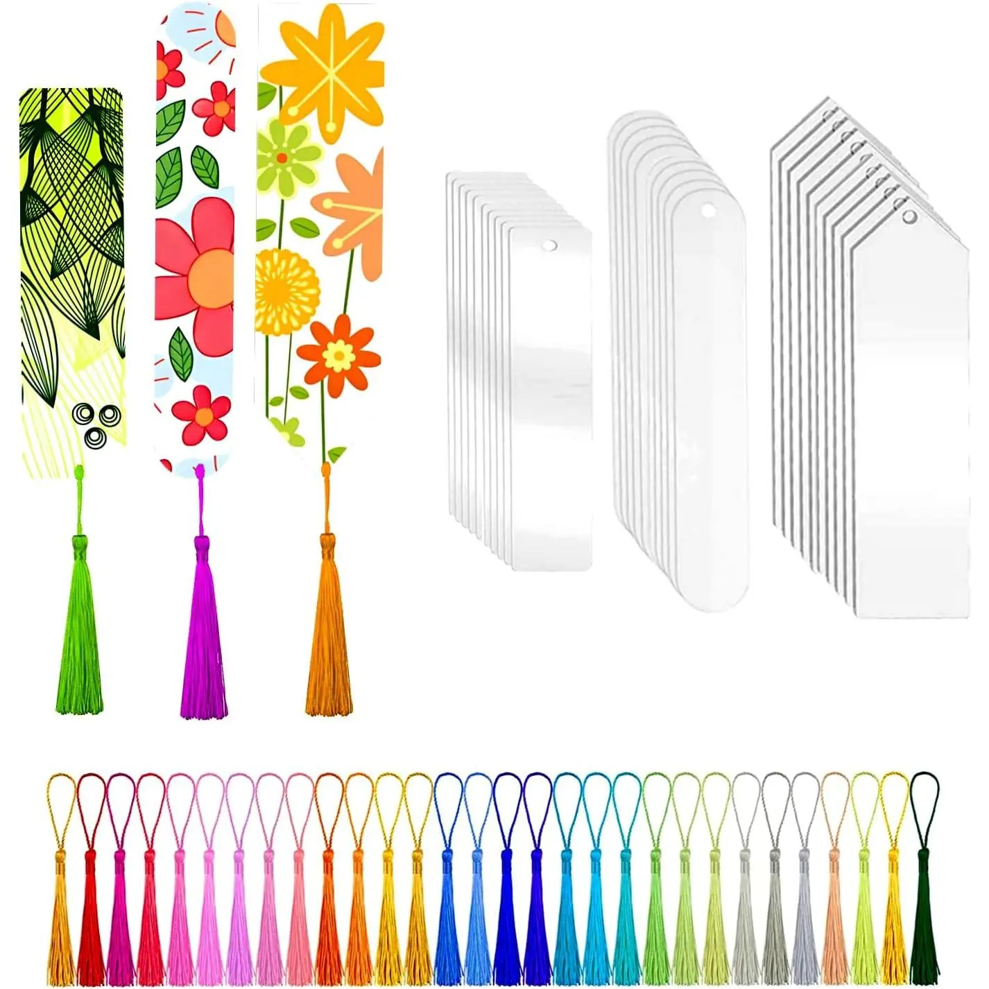 60 count  Blank Bookmarks, 30 count Clear  Bookmarks with 30 count Assorted Color Tassels, Blanks Bookmark Making Kits for Book Lovers DIY Bookmark(3 Shape)