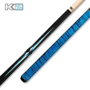 K2 KL141 Gloss Black Cue With Turquoise/White Floating Points & Blue Curly Design, Quick Release, Low Deflection, Maple Shaft