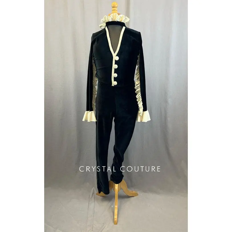 Custom Black Velvet Bodysuit With Ivory Lycra Ruffles and Trim