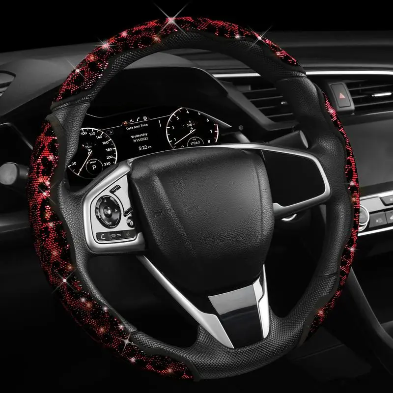 Universal Leopard Print Steering Wheel Cover Inlaid with Shiny Crystal Rhinestones, Sparkling Diamond Bling Cheetah Car Decor, Ideal Holiday Gift for Ladies & Girls, Pink/Red/Black Leopard Auto Accessories Fit for SUVs & Trucks