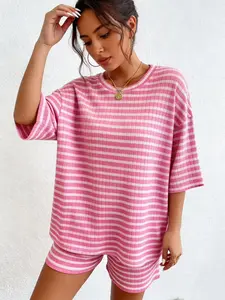 Women's Casual Loose Oversized Striped Set, Summer Short Sleeve & Shorts, Airport Leisure Home Sportswear, Fashionable Women's Clothing