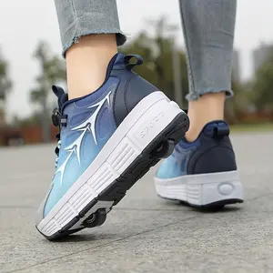 [shipping from US][shipping from US]Trendy Cool Low Top Roller Skateboard Shoes With Rotating Button For Girls, Wear-resistant Anti Slip Retractable Wheel Shoes For Indoor Outdoor, All Seasons