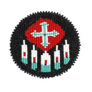 Handmade Beaded Black Red Feather Rosette -3 Inch Diameter