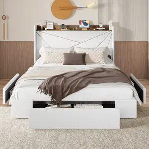 HOOMIC Velvet Fabric Upholstered Platform Bed Frame【Frame Only No Mattress】with Geometric Headboard, Built-in Shelf and 3 Storage Drawers,Black/White/Grey,Full/Queen/King,No Box Spring Needed