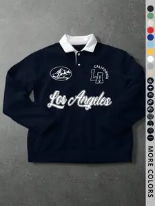 Men's Loose Fit Colorblock Collar Long Sleeve Graphic Polo Shirt, Casual Streetwear Style, Fashionable Outdoor Sports Wear, All Seasons