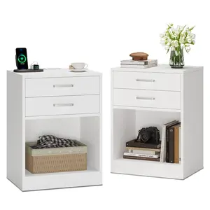 SIKAIC 2-Pcs White Nightstand Set with Charging Station, Indoor Furniture Side Table for Bedroom