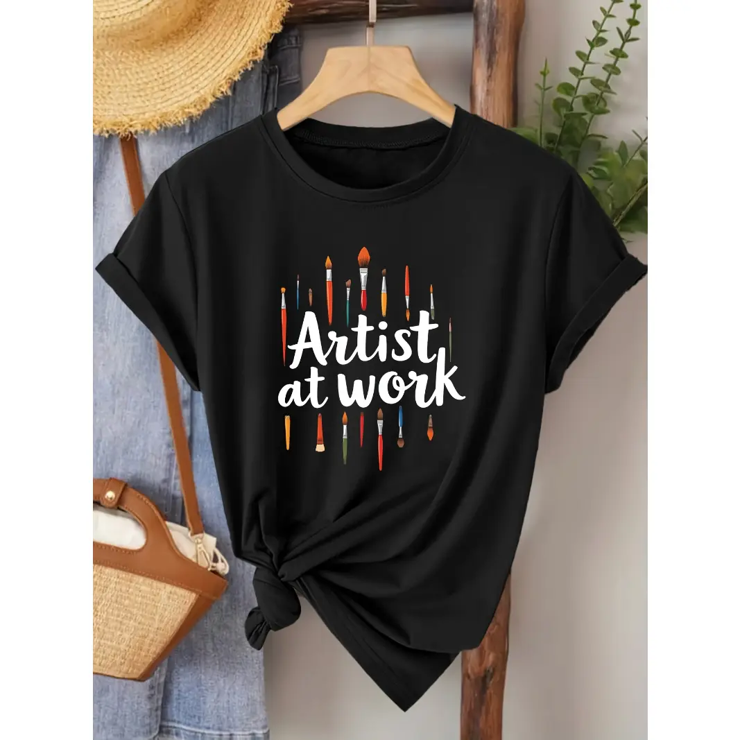 Womens Cotton Short Sleeve Graphic Tee Artist At Work Paint Brush Print Casual Crew Neck Summer Top Gift For Art Teacher Painter Studio Class