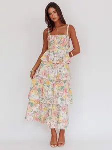 Ladies Bow Accent Floral Summer Dress, Lightweight Breathable Vacation Outfit, Stylish Formal Party Long Dress for Women